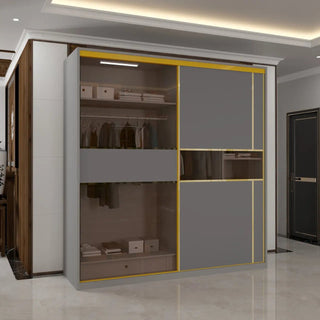 Modern Sliding Wardrobe with Glass Door & LED Lights - Grey & Gold Trim