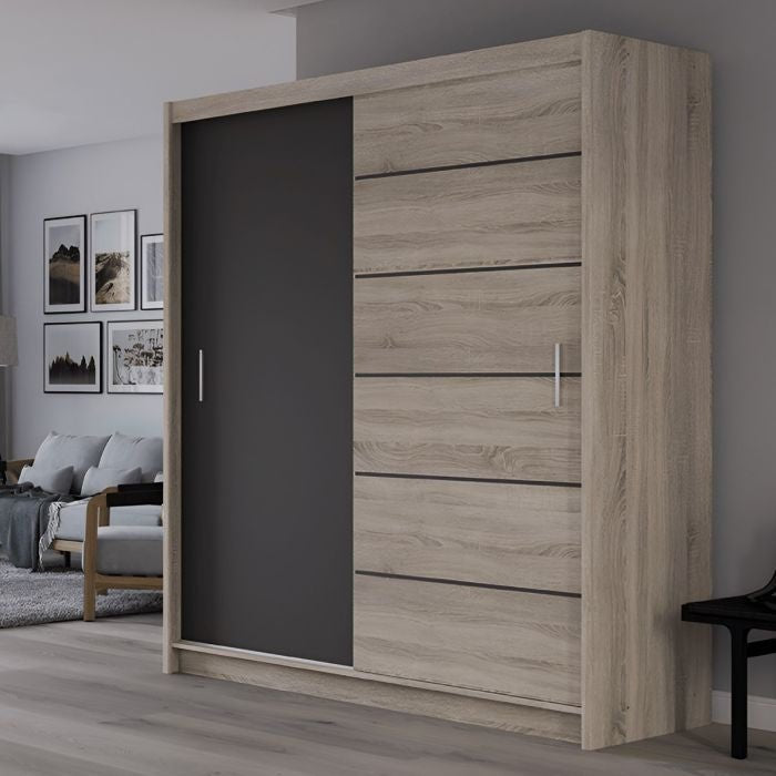 Sliding wardrobe with two doors in light wood and dark grey finish, Maidstone 203cm