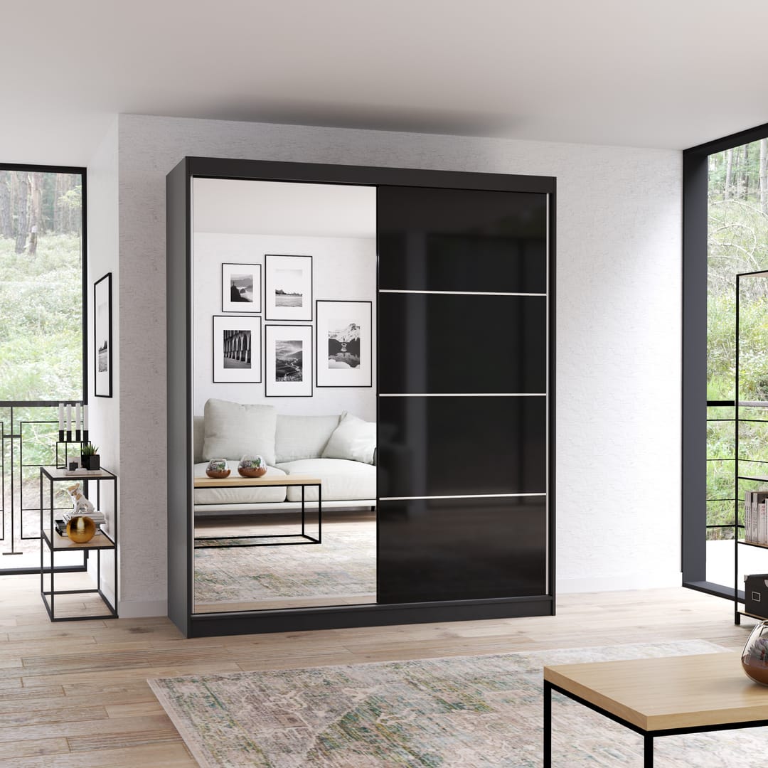 CHOICEWARDROBE Mesa 183cm black gloss and oak sliding wardrobe with one mirrored door.