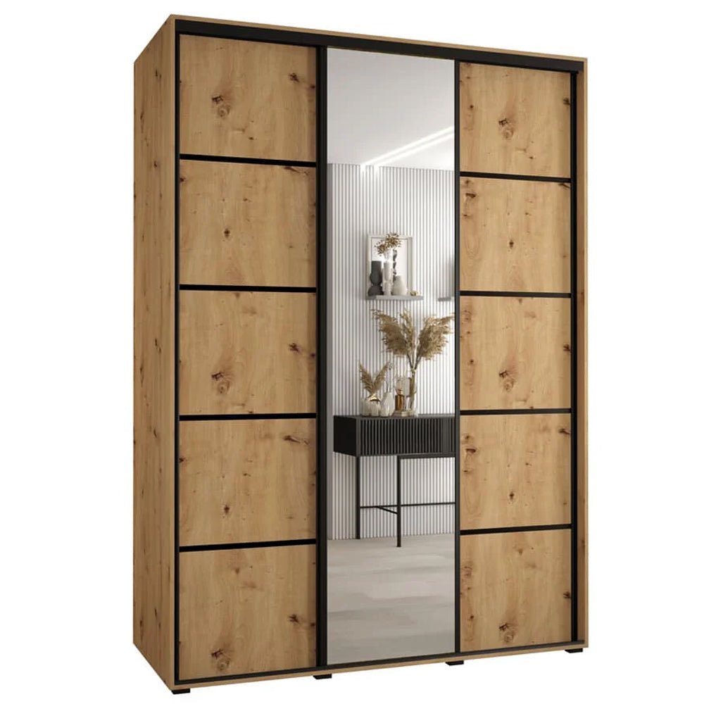 Artisan oak effect 3-door sliding wardrobe with mirrored central doors.