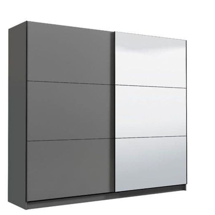 Modern two-door sliding wardrobe in grey with one mirrored door