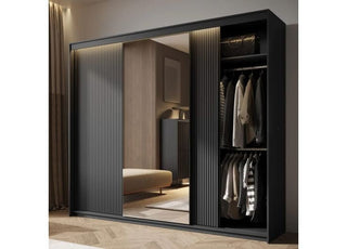 ALPHA SLIDING 3 DOOR WARDROBE BLACK 250CM with mirrored door and open compartment
