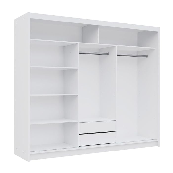 Black 3 door sliding wardrobe with mirrored door and internal shelving and hanging space