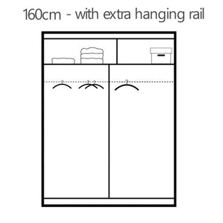Line drawing of a 160cm sliding wardrobe with an extra hanging rail and internal compartments.
