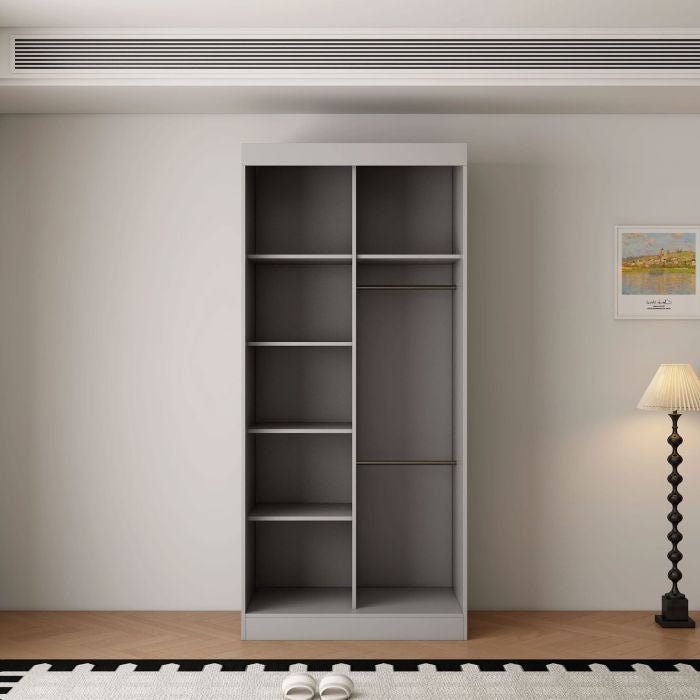 Grey 2-door sliding wardrobe with mirrored door and visible internal shelves and hanging rail.