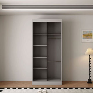 Grey 2-door sliding wardrobe with mirrored door and visible internal shelves and hanging rail.