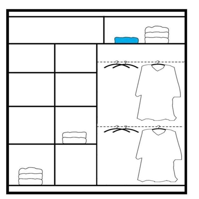 Diagram of the HIGHLAND 2 Door Mirrored Sliding Wardrobe in white (203cm), showing shelves with folded clothes, including a blue item, and two hanging sections displaying garment outlines, illustrating its modular storage features.