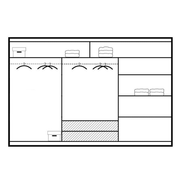 Black and white line drawing of the Sliding Wardrobe - ROTHERHAM 3 Door Wardrobe White 250cm, showing two hanging sections, shelves, and storage boxes. Shaded areas highlight storage spaces—ideal for planning an LED-lit wardrobe design.