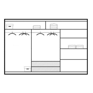 Black and white line drawing of the Sliding Wardrobe - ROTHERHAM 3 Door Wardrobe White 250cm, showing two hanging sections, shelves, and storage boxes. Shaded areas highlight storage spaces—ideal for planning an LED-lit wardrobe design.