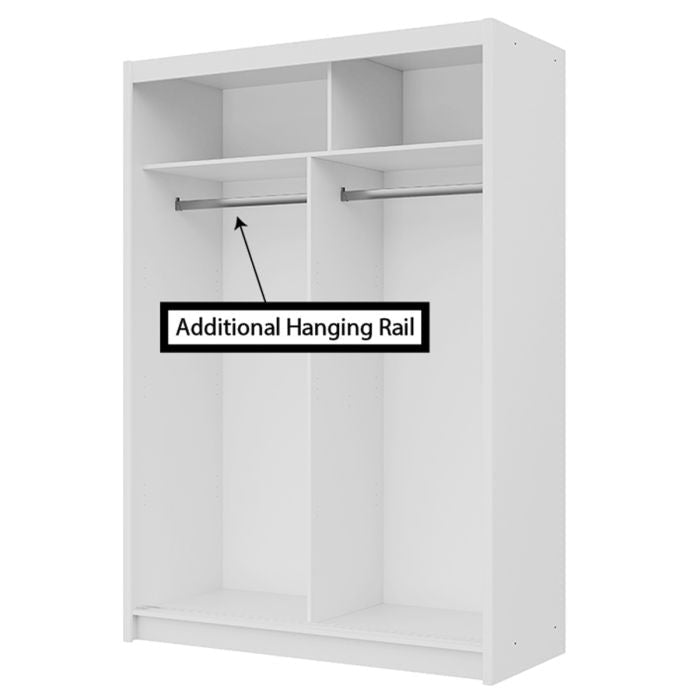 White 150cm sliding wardrobe interior showing dual compartments with shelves and an additional hanging rail