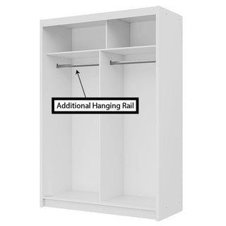 White 150cm sliding wardrobe interior showing dual compartments with shelves and an additional hanging rail