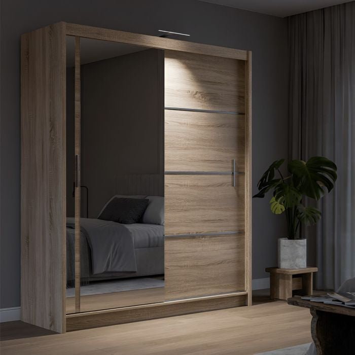 Light wood effect 2-door sliding wardrobe with one mirrored door