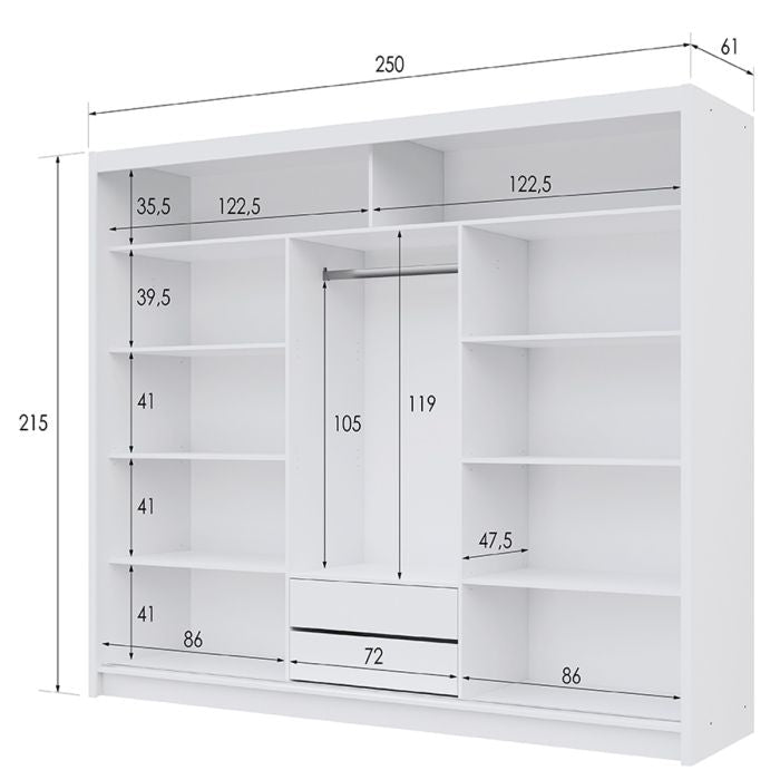 The Sliding Wardrobe - ROTHERHAM 3 Door Wardrobe White 250cm features multiple shelves, two drawers, and a hanging rod. Dimensions: width 250 cm, height 215 cm, depth 61 cm. Compartment sizes are detailed for easy planning.