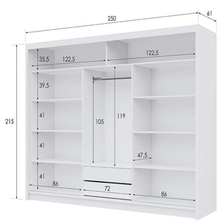 The Sliding Wardrobe - ROTHERHAM 3 Door Wardrobe White 250cm features multiple shelves, two drawers, and a hanging rod. Dimensions: width 250 cm, height 215 cm, depth 61 cm. Compartment sizes are detailed for easy planning.