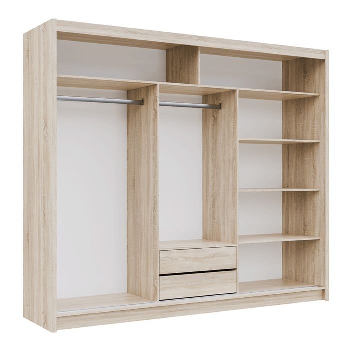 Light wood two-door sliding wardrobe interior with hanging rails and shelves