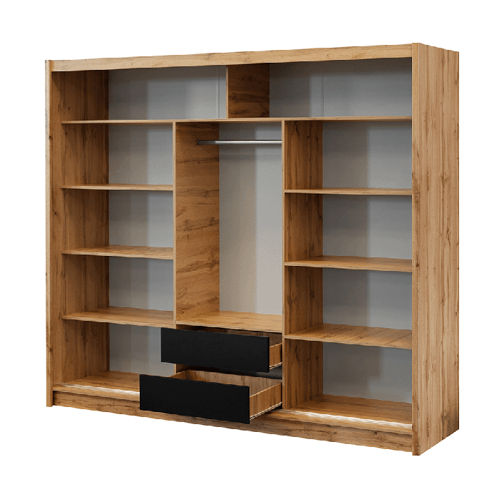 Medium oak 3 door sliding wardrobe with mirrored centre door, open shelves and two black drawers