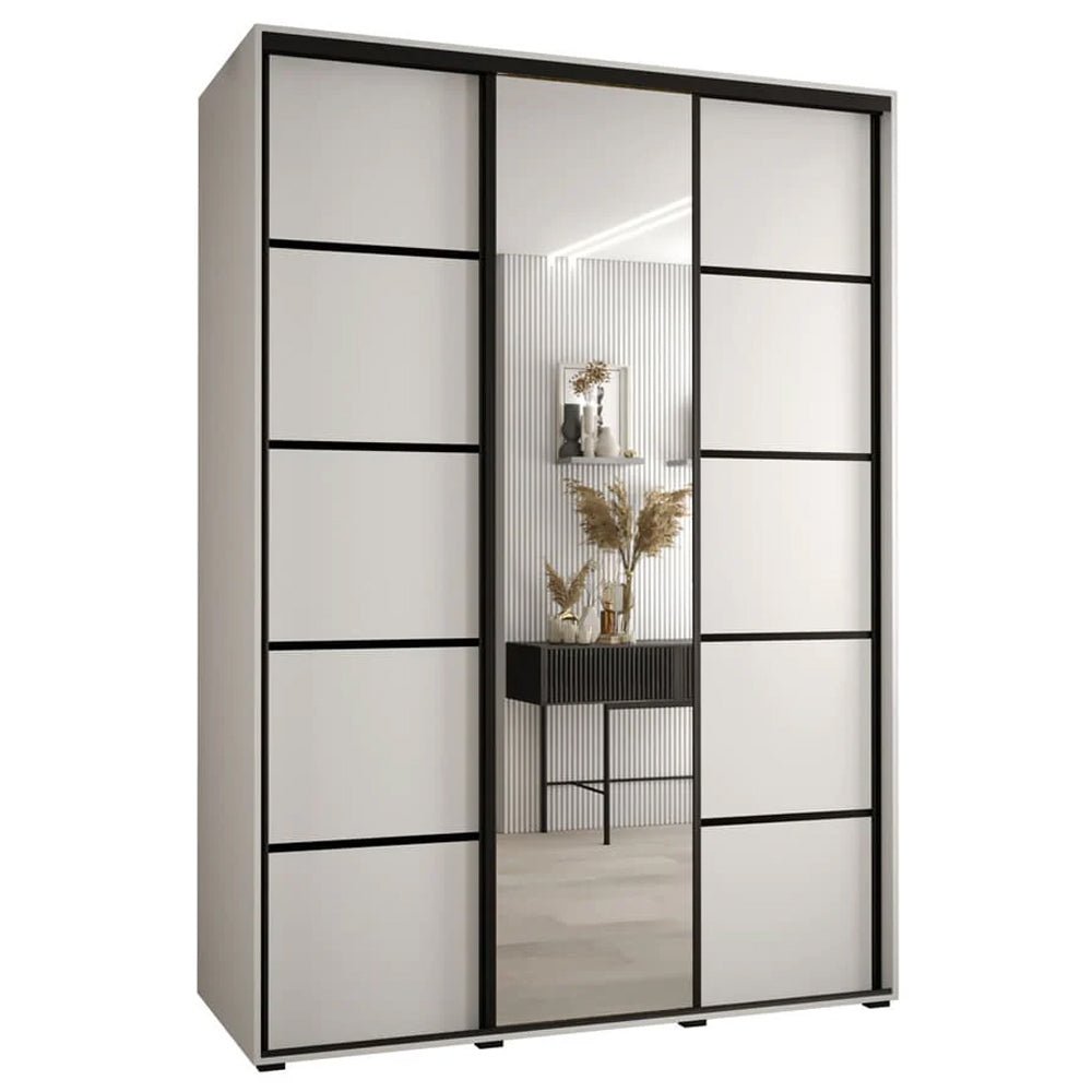 Large white wooden wardrobe with 3 sliding doors and central mirrored panel