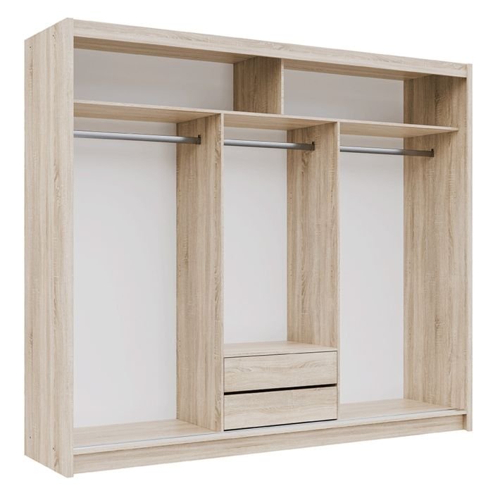Light wood sliding wardrobe with 2 doors, showing internal shelves, hanging rails, and two drawers