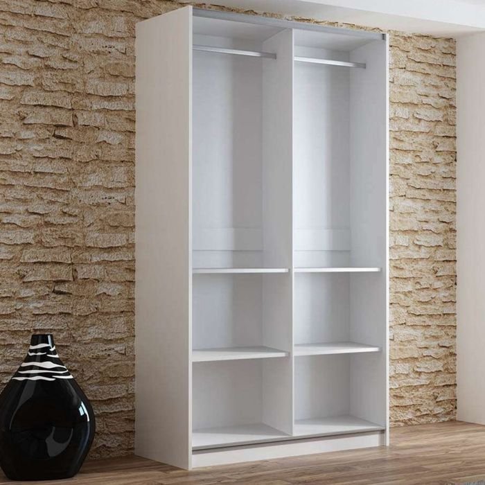 BORIS white 2 door sliding wardrobe with mirrored doors visible, showing internal shelves and hanging rail.