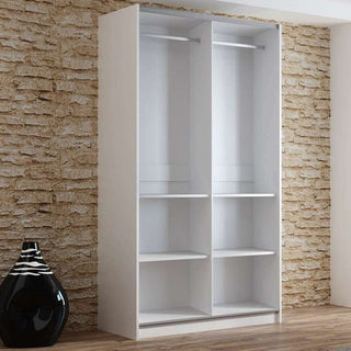 BORIS white 2 door sliding wardrobe with mirrored doors visible, showing internal shelves and hanging rail.