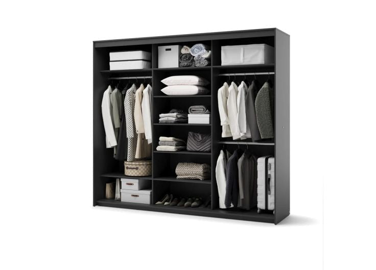 Open black wardrobe interior with clothes on hangers, folded items on shelves, and storage boxes.