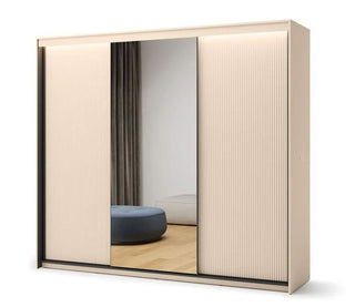ALPHA SLIDING 3 DOOR WARDROBE BEIGE & BLACK WITH MIRROR & LED