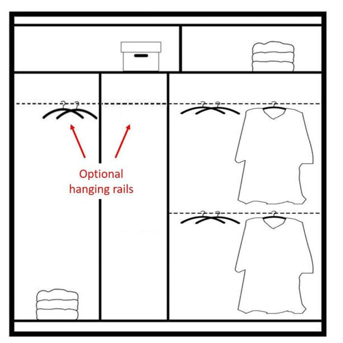 Diagram of the Sliding Wardrobe - HIGHLAND 2 Door Mirrored Wardrobe White 203cm with labeled shelves, hanging rails, and folded item sections. Arrows indicate optional hanging rails for customizable storage on the left side.