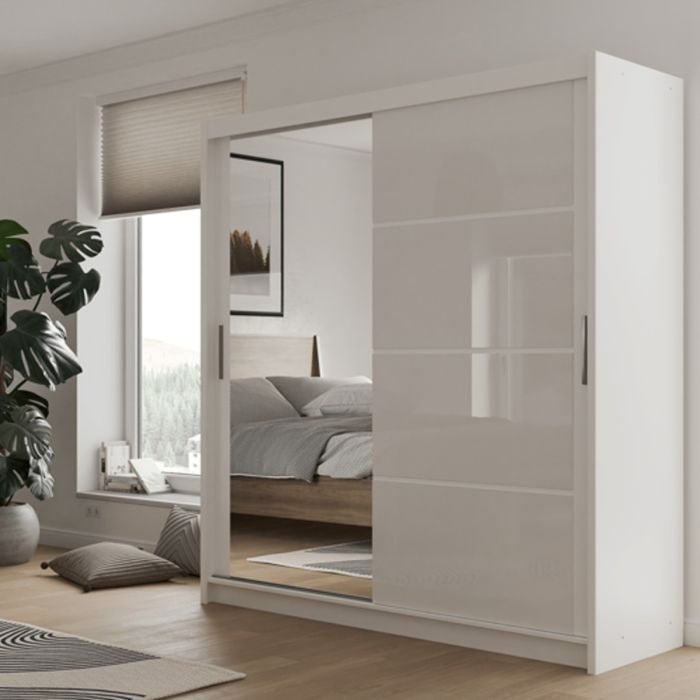 White 2-door sliding mirrored wardrobe in a modern bedroom setting.