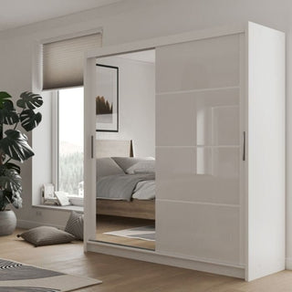 White 2-door sliding mirrored wardrobe in a modern bedroom setting.