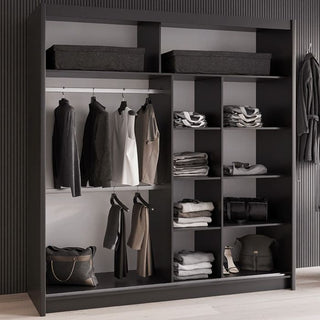 Black sliding wardrobe interior with hanging clothes and organised shelves