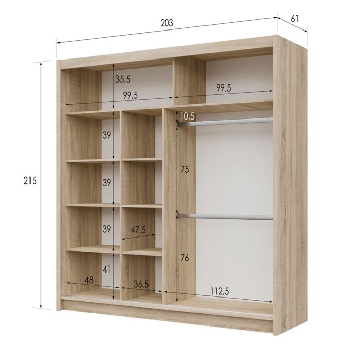 Oak Sonoma sliding wardrobe internal dimensions diagram with shelves and hanging rails
