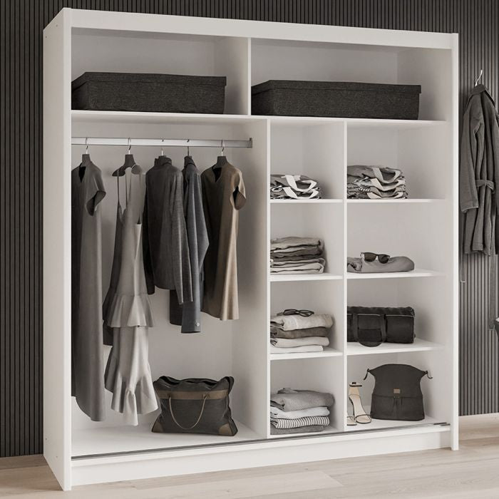 White Broadland 2 door sliding wardrobe with hanging clothes and shelves visible inside.