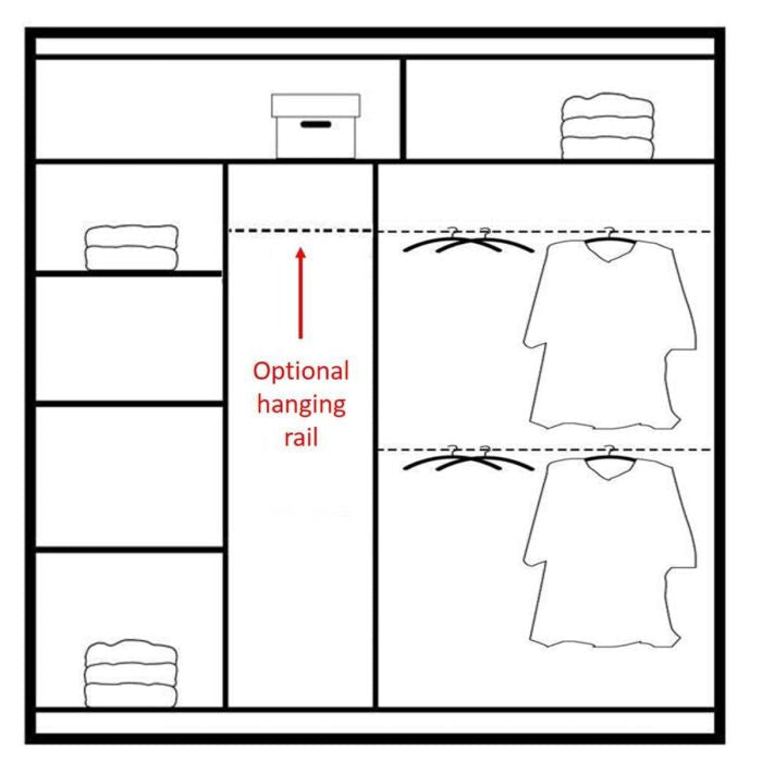 Explore the Sliding Wardrobe - HIGHLAND 2 Door Mirrored Wardrobe White 203cm, showcasing shelves with folded clothes, a top shelf box, dual sections for hanging shirts, plus an optional rail—perfect inspiration for modular storage solutions.