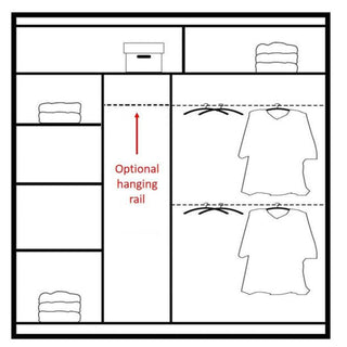 Explore the Sliding Wardrobe - HIGHLAND 2 Door Mirrored Wardrobe White 203cm, showcasing shelves with folded clothes, a top shelf box, dual sections for hanging shirts, plus an optional rail—perfect inspiration for modular storage solutions.