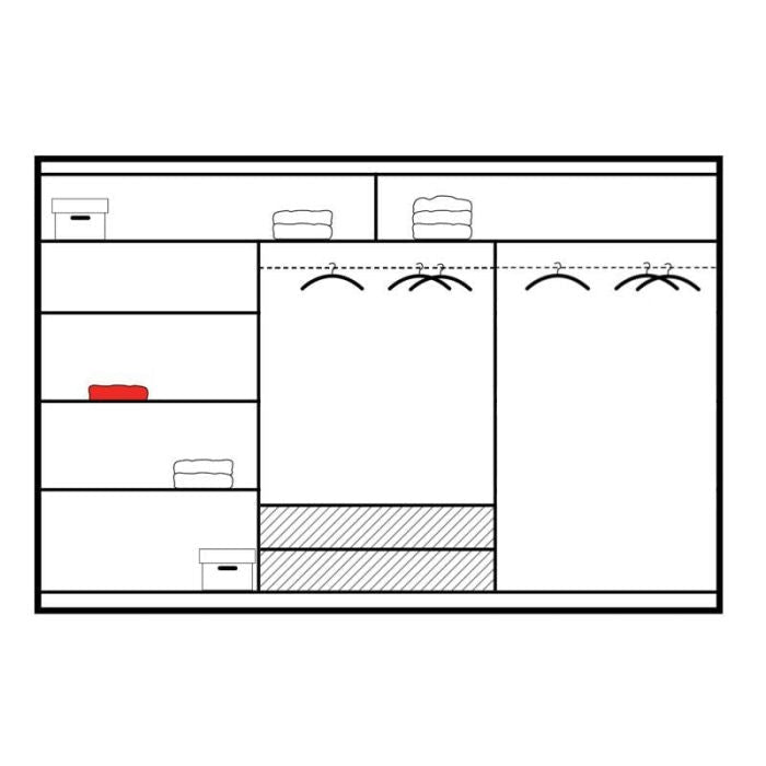 A black and white diagram of the Sliding Wardrobe - ROTHERHAM 3 Door Wardrobe White 250cm shows shelves, drawers, and hanging spaces. A single red object sits on a left middle shelf; boxes and folded items fill other compartments in this modern design.