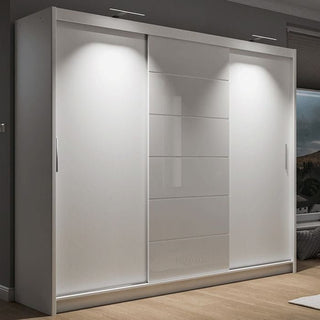 White 250cm 3 door sliding wardrobe with horizontal panels and top LED lights