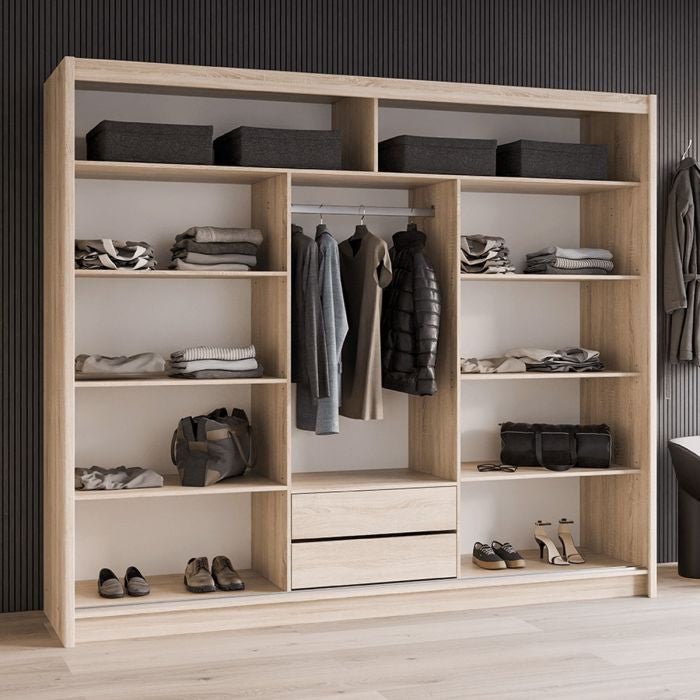 Light wood 2-door sliding wardrobe MAIDSTONE with visible shelving and hanging space.