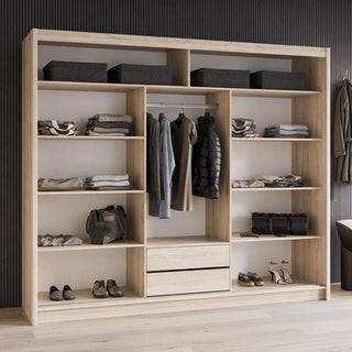 Light wood 2-door sliding wardrobe MAIDSTONE with visible shelving and hanging space.