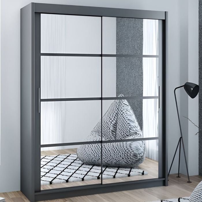 Grey DEXTER 2 door sliding wardrobe with mirrored panels