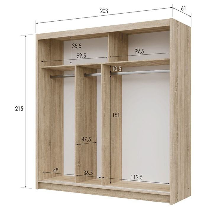 Broadland 2 door sliding wardrobe with mirrored door, Sonoma oak effect, 203cm wide