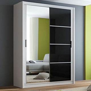 CHOICEWARDROBE HIGHLAND 150cm 2 door sliding wardrobe with mirror and black glass panel.