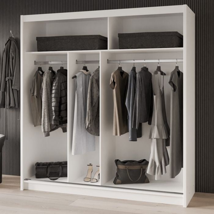 HIGHLAND 203cm white sliding wardrobe with two compartments showing neutral-tone clothes and bags.