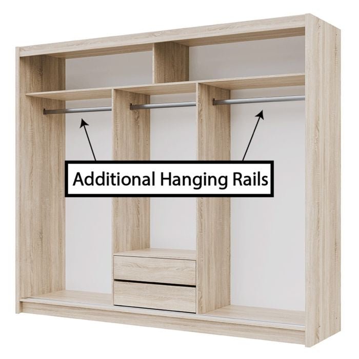 Broadland 3 door sliding wardrobe interior, oak sonoma finish, with hanging rails and drawers