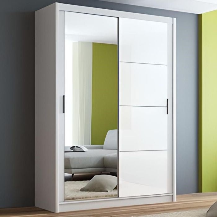 HIGHLAND 150cm 2 door white sliding wardrobe with mirrored door