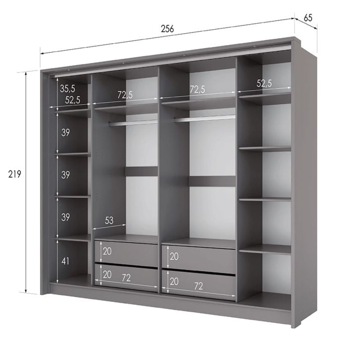 Grey 256cm sliding wardrobe with two doors, showing internal shelves and two drawers on the left.