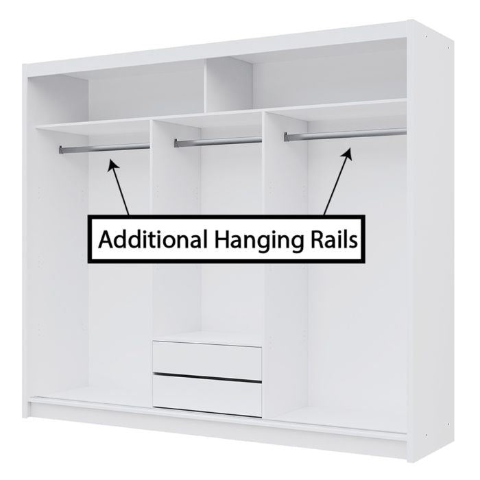 White sliding wardrobe interior with hanging rails and drawers