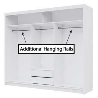 White sliding wardrobe interior with hanging rails and drawers