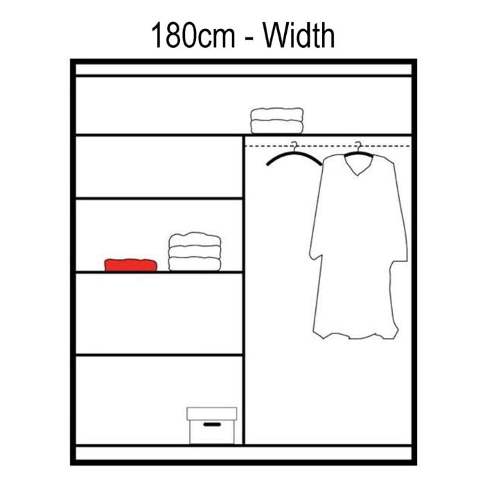 Wardrobe interior layout diagram 180cm width showing shelves and hanging rail