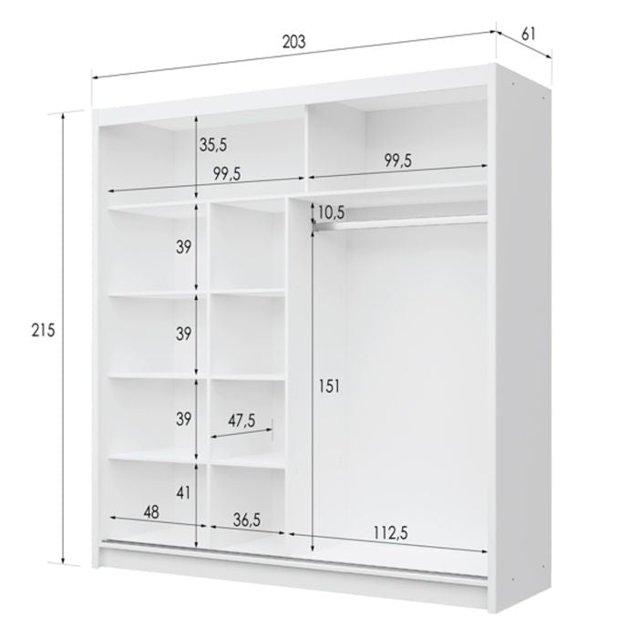 Highland 203cm white sliding wardrobe with mirrored door and internal shelf layout diagram.
