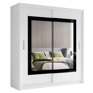 White 2 door sliding wardrobe with black framed mirror